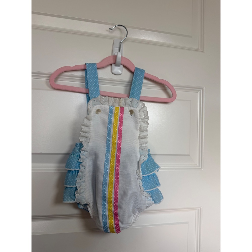 Vintage Stone Apparel Baby Girl Blue Polka Dot Seersucker Ruffle Sunsuit 18M USA